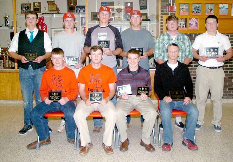 RICK PECK MCDONALD COUNTY PRESS Year end awards were presented to members of the 2014-2015 McDonald County Mustangs baseball team at a banquet held May 19 at MCHS. Front row, left to right: Emanuel Baisch, Top Prospect; Lakota Rose, Most Improved; Emitt Dalton, Highest Batting Average and Slugging Percentage; and D.J. Madewell, Four-Year Commitment. Back row: Mason Hendrix, Lowest Earned Run Average; Victor Payne, Top Newcomer; Jaime Hanke, Most Strikeouts and Most RBIs; Dillion Lance, Four-Year Commitment; Jake Wood, Four-Year Commitment; and Jake Wilkie, Four-Year Commitment.