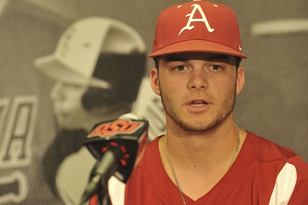 Arkansas center fielder Andrew Benintendi answers a questions during a news conference Thursday, May 28, 2015, at Allie P. Reynolds Stadium in Stillwater, Okla. 