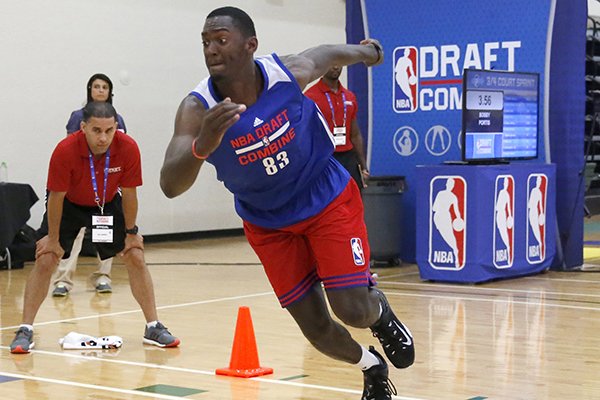 Arkansas' Bobby Portis participates in the NBA basketball combine Friday, May 15, 2015, in Chicago. (AP Photo/Charles Rex Arbogast)
