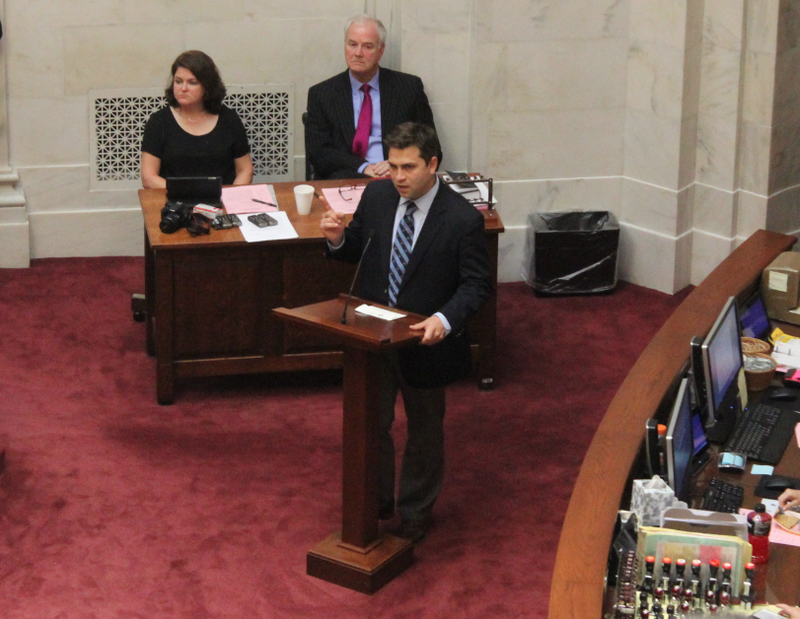 Arkansas Senate President Jonathan Dismang speaks on the floor Thursday after the chamber concluded its scheduled special session business, including passing a House version of a superproject incentive package 30-2. 