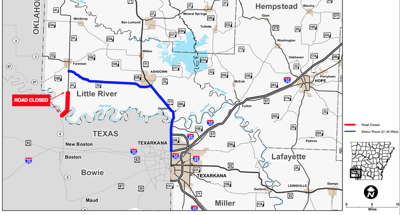 This map from the Arkansas Highway and Transportation Department shows in red a stretch of Arkansas 41 closed by high water and in blue a suggested detour.