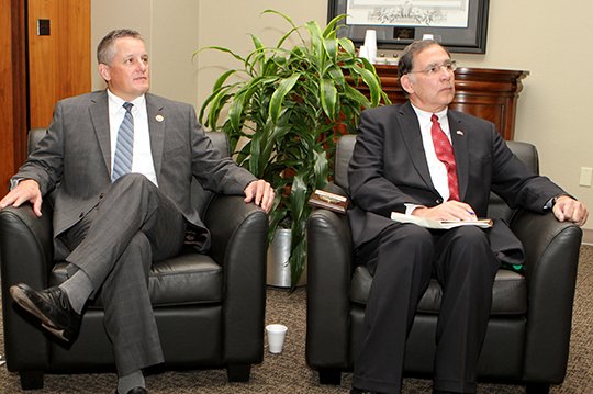 The Sentinel-Record/Richard Rasmussen CHAMBER SPEAKER: U.S. Rep. Bruce Westerman, R-District 4, left, and U.S. Sen. John Boozman, R-Ark., visited with a group of businessmen and community leaders Thursday at The Greater Hot Springs Chamber of Commerce. Boozman said in his address to the group that he supports new trade relations with Cuba and community hospitals need to be protected.