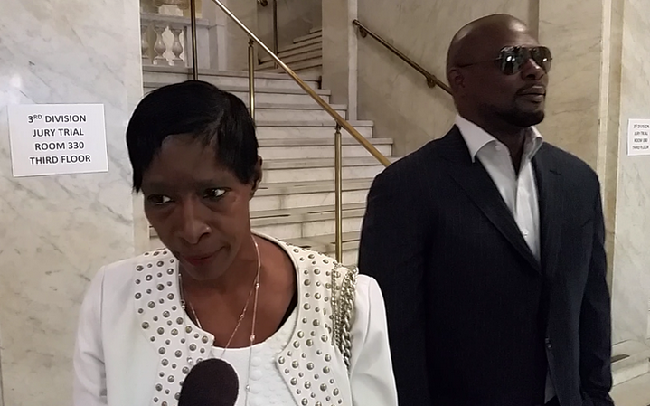 Jermain Taylor's mother, Carlois, speaks to reporters before her son was to appear in court in May 2015.