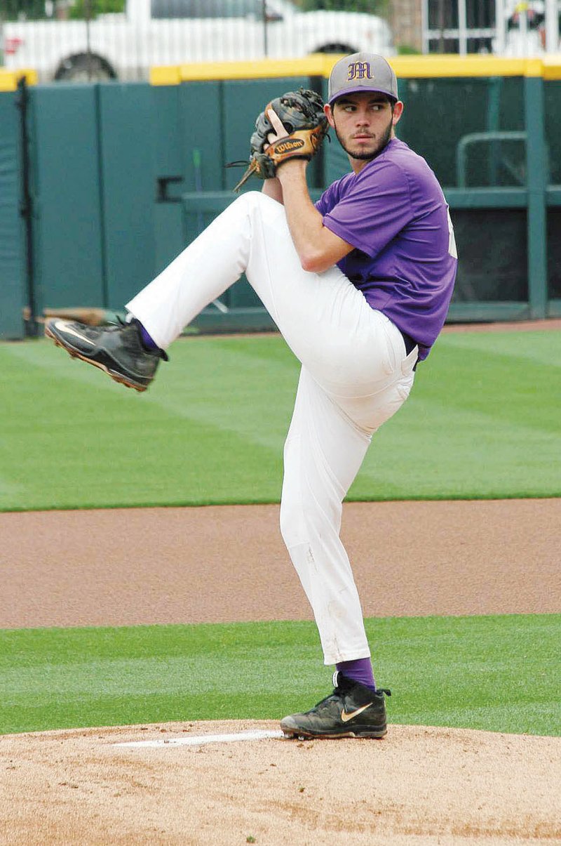 Mayflower pitcher Tyler Godwin winds up for a pitch during the Class 3A State Championship game May 23 at Baum Stadium in Fayetteville. Godwin was named the tournament’s most valuable player after his team beat Fordyce to win the state title. 