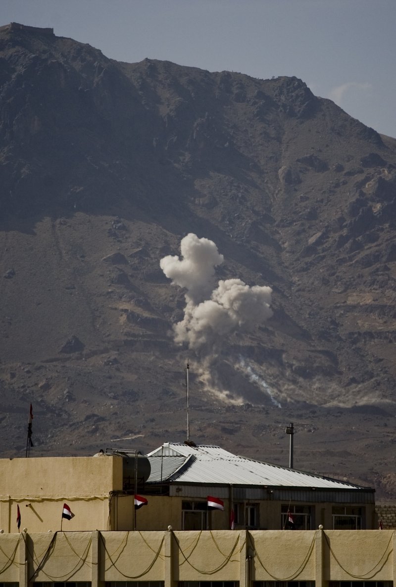 Smoke rises after a Saudi-led airstrike hit a site believed to be one of the largest weapons depot on the outskirts of Yemen's capital, Sanaa, on Monday June 1, 2015. The airstrikes are part of a Saudi-led military operation that began on March 26, 2015 to target Shiite rebels known as Houthis, along with army units loyal to former President Ali Abdullah Saleh. 