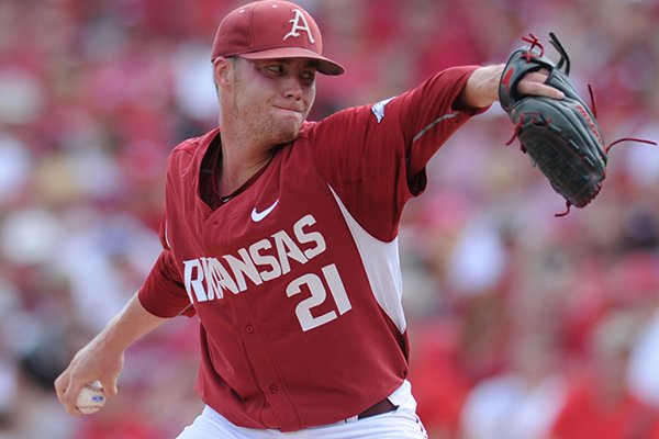 Starter Trey Killian of Arkansas delivers a pitch Friday, June 5, 2015, against Missouri State during the first inning of the Super Regional at Baum Stadium in Fayetteville.