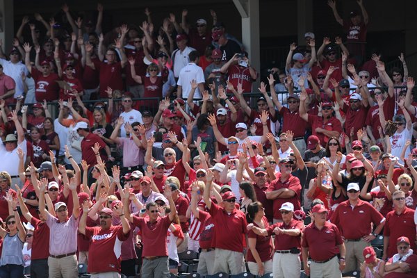 Arkansas fans call the Hogs during the Razorbacks' 18-4 win over Missouri State in Game 1 of the Super Regional Friday, June 5, 2015, at Baum Stadium.