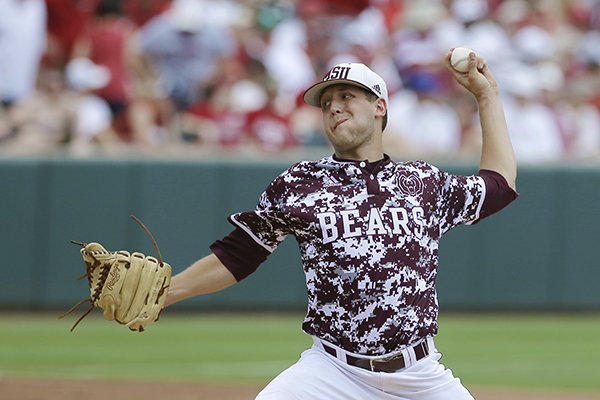 Missouri State's Matt Hall pitches during the first inning in a super regional of the NCAA college baseball tournament game against Arkansas in Fayetteville, Ark., Saturday, June 6, 2015. (AP Photo/Danny Johnston)