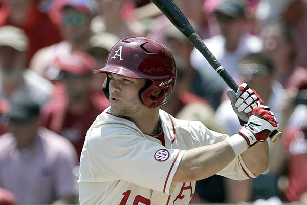 Arkansas' Andrew Benintendi waits for a pitch during the first inning in a super regional game of the NCAA college baseball tournament against Missouri State in Fayetteville, Ark., Sunday, June 7, 2015. Benintendi was walked. 