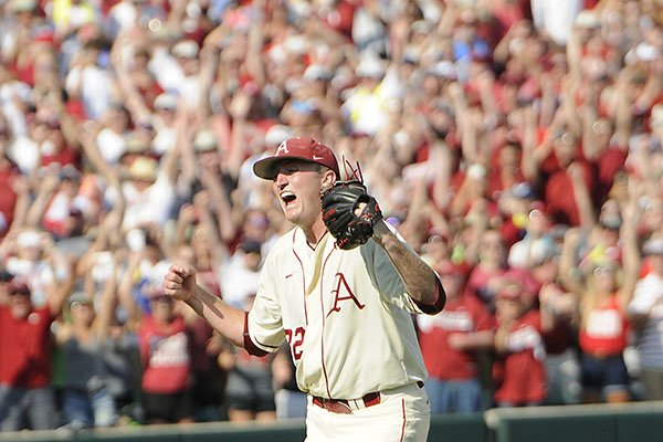 Arkansas pitcher Zach Jackson reacts after recording the final out in the Razorbacks' 3-2 win over Missouri State on Sunday, June 7, 2015, at Baum Stadium in Fayetteville. Arkansas advanced to the College World Series. 