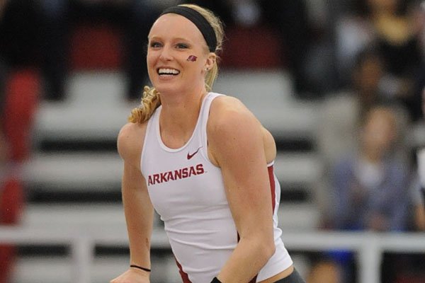 Sandi Morris of Arkansas celebrates after clearing the bar in the pole vault Saturday, March 14, 2015, in the NCAA Indoor Track and Field Championship at the Randal Tyson Track Center in Fayetteville.