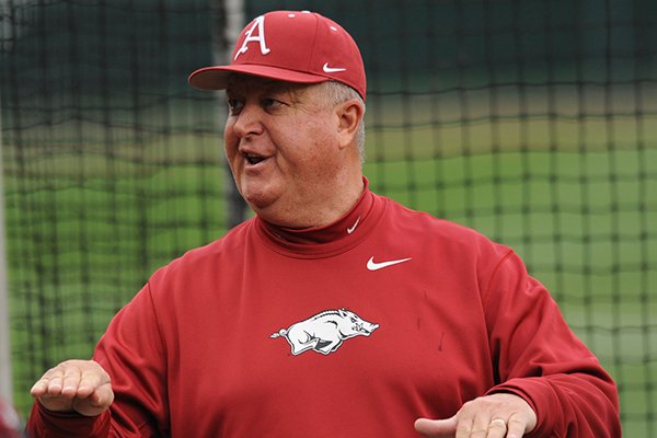 Arkansas pitching coach Dave Jorn speaks while preparing for LSU Friday, March 20, 2015, at Baum Stadium in Fayetteville. 