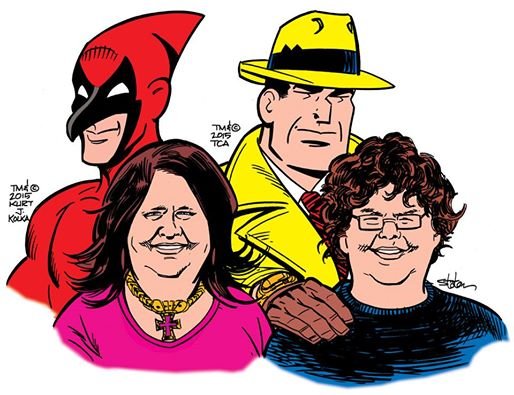 Mellie Engler, left, and her son Collin, right, will be featured in an anti-bullying sequence of Dick Tracy at the end of the month. Other characters featured here include The Cardinal and Dick Tracy. 