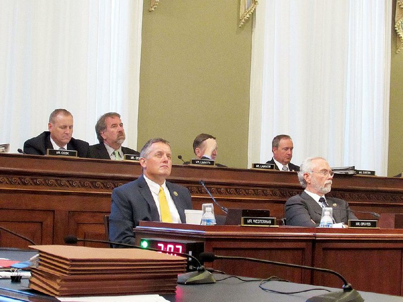 U.S. Rep. Bruce Westerman (front left) watches Thursday as another member presents Westerman’s bill on removing obstacles to thinning national forests to avoid forest fires.            