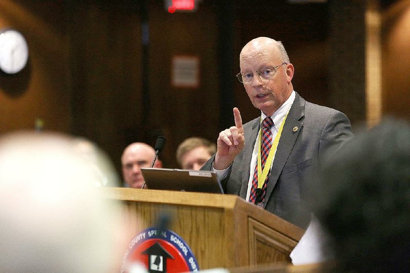Baker Kurrus, superintendent of the state-controlled Little Rock School District, updates Arkansas Board of Education members Thursday about the school system’s plans.