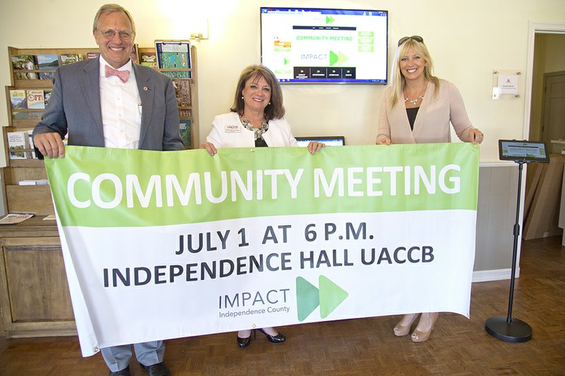 Lyon College President Don Weatherman, from left, University of Arkansas Community College at Batesville Chancellor Debbie Frazier and Batesville Area Chamber of Commerce President/CEO Crystal Johnson promote the July 1 community meeting at the launch of Impact Independence County, a countywide strategic plan that hinges on the input of the community.
