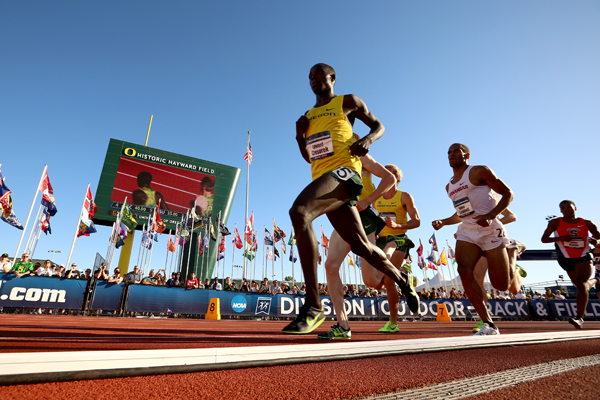 Oregon's Edward Cheserek leads the pack of runners - which includes Arkansas' Kemoy Campbell - before winning the men's 5000-meter run during the NCAA track and field championships in Eugene, Ore., Friday, June 12, 2015. (AP Photo/Ryan Kang)