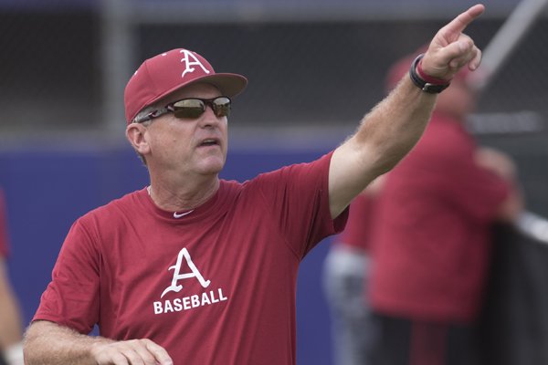 Head coach Dave Van Horn at practice Sunday, June 14, 2015. Arkansas practiced at East Bellevue High School near Omaha.