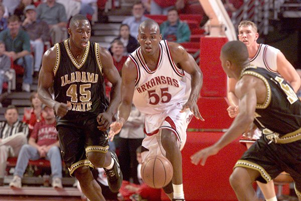 Arkansas forward Derek Hood runs after a loose ball during a game against Alabama State on Tuesday, Nov. 17, 1998, at Bud Walton Arena in Fayetteville. 