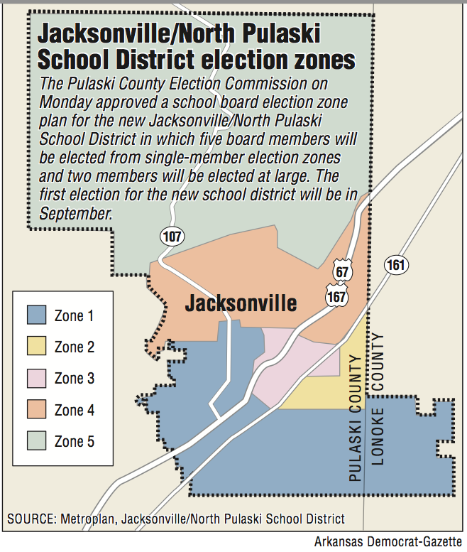 A map showing the Jacksonville/North Pulaski School District election zones.