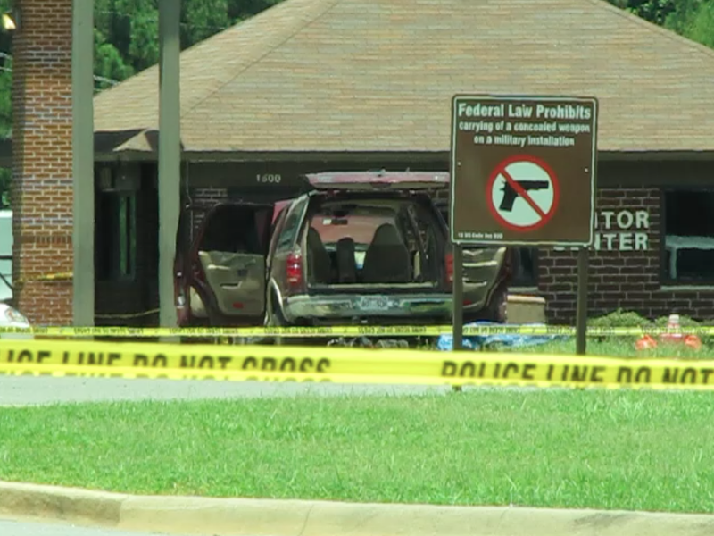 A Ford Expedition that had been driven by a man shot at the main gate of Little Rock Air Force Base is seen early Monday afternoon.