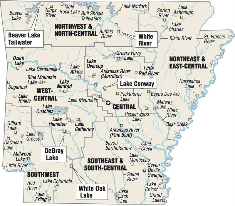 A map showing the location of Arkansas fishing spots.