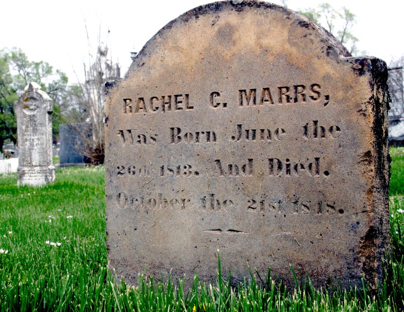 LYNN KUTTER ENTERPRISE-LEADER This is the tombstone for Rachel Marrs, the oldest recorded grave in Prairie Grove Cemetery. She was 5 years old when she died. The historic section of Prairie Grove Cemetery has been nominated for the National Register of Historic Places.