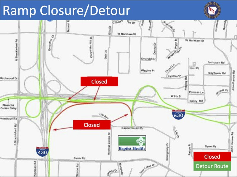 An Arkansas Highway and Transportation map shows access ramp closures on I-630 and I-430 and a detour route scheduled for Saturday, June 20, 2015. 