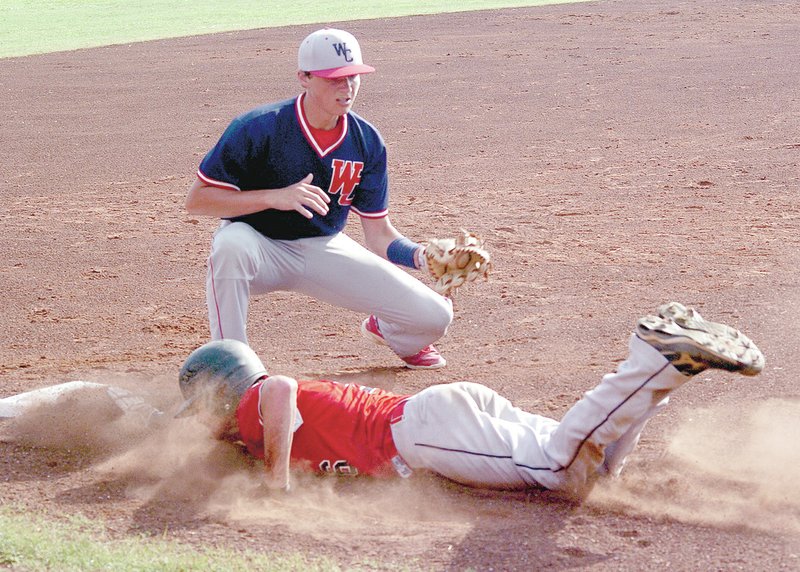 PHOTO BY RICK PECK McDonald County&#8217;s Victor Payne dives back to third base ahead of a pickoff attempt during Webb City&#8217;s 7-5 win June 10 at McDonald County High School.