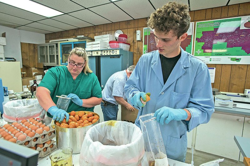 NWA Democrat-Gazette/ANTHONY REYES &#8226; @NWATONYR Kayla Lester (left) and Andrew Bennett, lab technicians for Whitbeck Labs, crack open eggs Wednesday at the labs&#8217; facility in Springdale. The company will perform salmonella tests on the eggs for a hatchery. Whitbeck Labs is a longtime Springdale company that&#8217;s building a new headquarters in the Springdale Technology Park. Whitbeck provides services to companies across the country that include food and product safety, veterinary diagnostic and poultry serology.