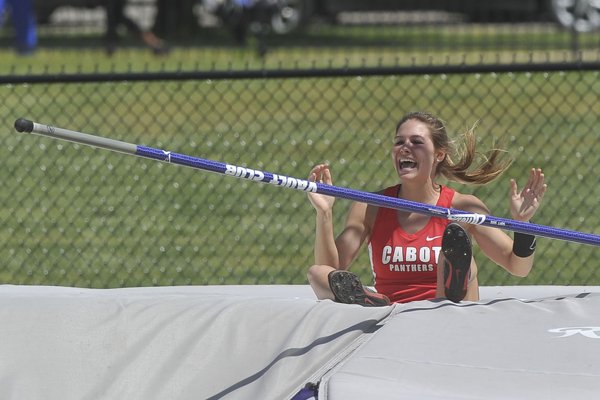 Cabot pole vaulter Lexi Weeks reacts after clearing the bar on a height of 14-00.00 as she takes first place in the girls' pole vault Thursday, May 7, 2015, at the 7A State Championship track and field meet in Fayetteville.