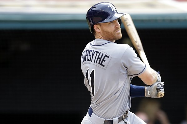 Tampa Bay Rays' Logan Forsythe hits a single off Cleveland Indians relief pitcher Cody Allen in the ninth inning of a baseball game, Sunday, June 21, 2015, in Cleveland. (AP Photo/Tony Dejak)