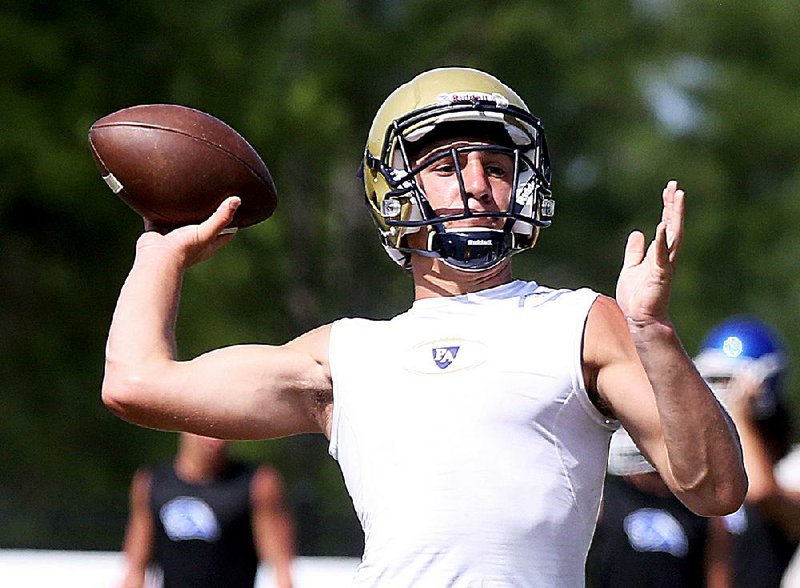 Pulaski Academy quarterback Layne Hatcher threw five touchdown passes Saturday to help lead the Bruins to a 50-42 victory over DeSoto Central of Southhaven, Miss., in the Shootout of the South. 
