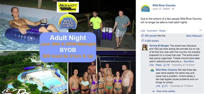 A screenshot of Wild River Country's Facebook post on Monday, June 22, 2015, shows that the company has canceled future adult nights. 