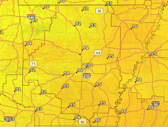 This National Weather Service graphic shows expected high temperatures across Arkansas Monday.