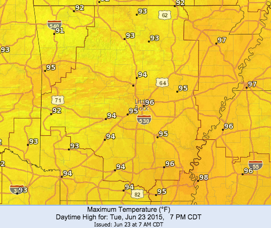 This National Weather Service graphic shows forecast high temperatures for the state on Tuesday, June 23, 2015.