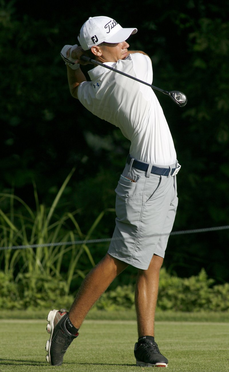 Noah Goodwin, of Corinth, Texas, tees off on the first hole of the KPMG Stacy Lewis Junior All-Star Invitational at Blessings Golf Club in Johnson on Tuesday.