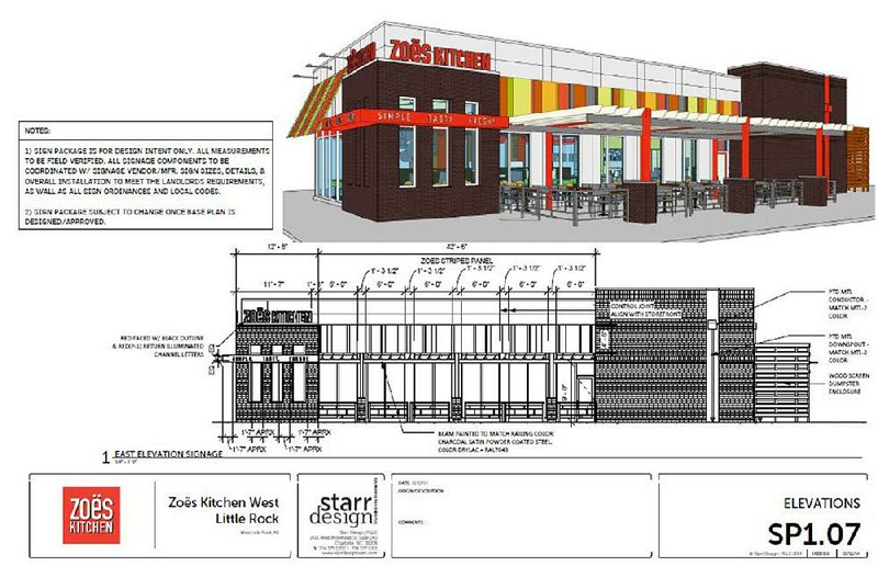 This elevation (an architectural drawing to scale of the external face of a building or structure) of the planned Zoes Kitchen outlet on Chenal Parkway shows what the restaurant will look like when it opens this fall.
