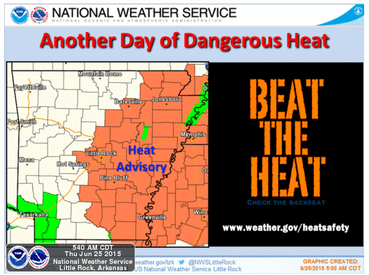 This National Weather Service graphic shows counties that will go under a heat advisory Thursday afternoon.