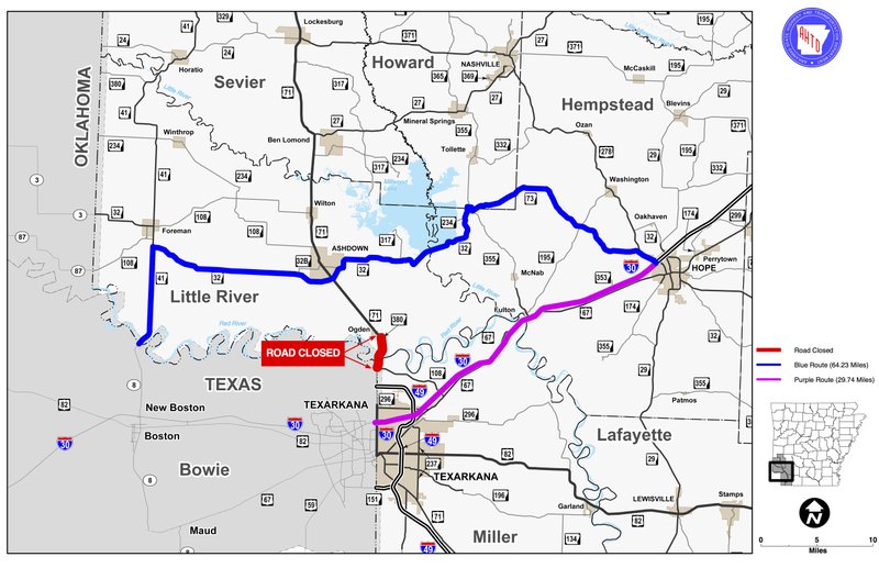 An Arkansas Highway and Transportation Department map shows a road closure on U.S. 71 in Little River and Miller counties due to high water, as well as a detour around the area. 