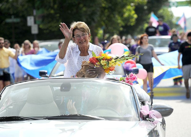 Cheryl Maples, who along with Jack Wagoner represented plaintiffs in the court case that led to the striking down of Arkansas’ ban on same-sex marriages, serves as grand marshal Saturday in the Northwest Arkansas Pride Parade. 