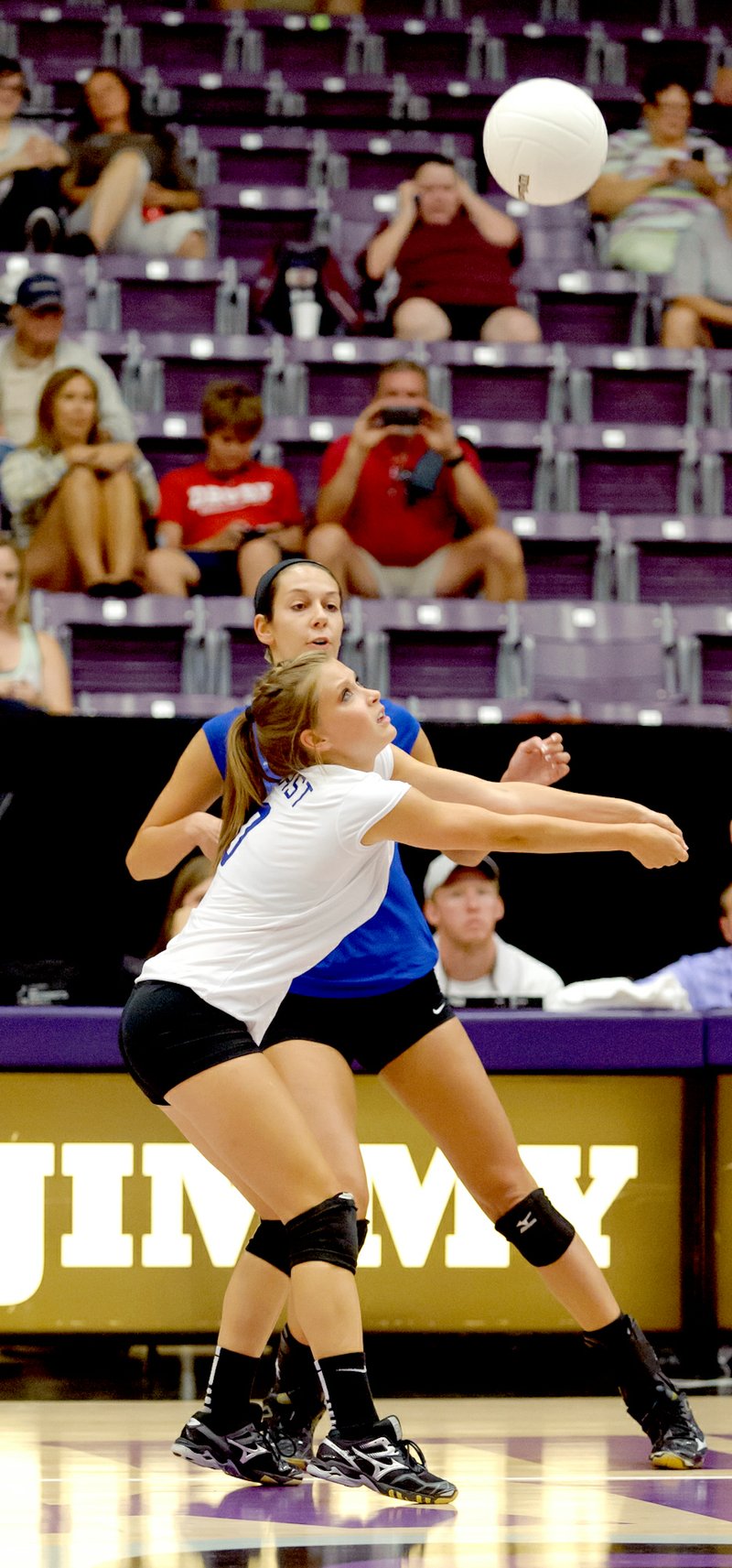 Mike Kemp/Special to Siloam Sunday Former Siloam Springs Lady Panthers standout Taylor Gay returns a ball for the East team while participating in the Arkansas High School Coaches Associaton All-Star Volleyball game on Wednesday at the Farris Center on the campus of the University of Central Arkansas in Conway.
