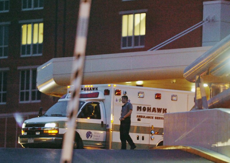 An ambulance transporting prison escapee David Sweat arrives at Albany Medical Center on Sunday, June 28, 2015, in Albany, N.Y. The second of two convicted murderers who staged a brazen escape three weeks ago from a maximum-security prison in northern New York was shot and captured near the Canadian border on Sunday, two days after his fellow inmate was killed in a confrontation with law enforcement, authorities said. 