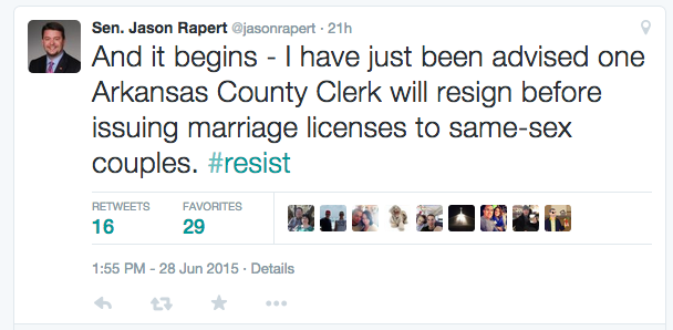 Sen. Jason Rapert, R-Bigelow, posted this message on Twitter Sunday suggesting a county clerk will resign over having to issue marriage licenses to same-sex couples.