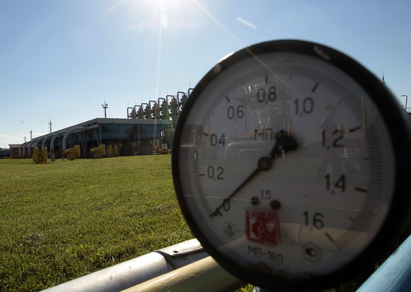 In this Wednesday May 21, 2014 file photo, a gas pressure gauge in Bil 'che-Volicko-Ugerske underground gas storage facilities is seen in Strij, outside Lviv, Ukraine. Russian gas company Gazprom halted supplies to neighboring Ukraine on Wednesday, July 1, 2015, after the collapse of pricing talks, company official said. 