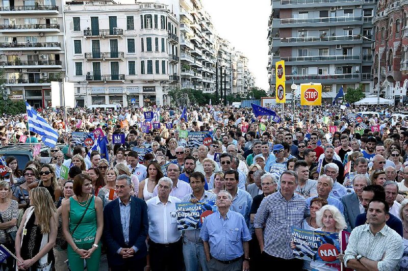 Demonstrators gather Thursday in the northern Greece port city of Thessaloniki to urge a yes vote in the referendum Sunday on the eurogroup’s bailout proposal. 