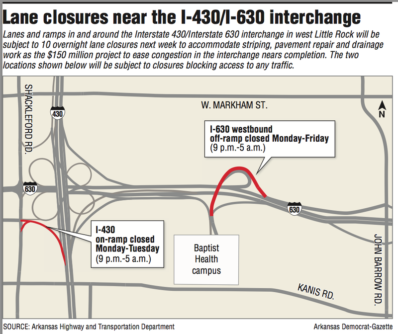 A map showing lane closures near the I-430/I-630 interchange.