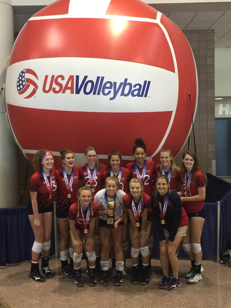 The Springdale-based Ozark Volleyball Club 15-1s team recently won the 15-and-under National Division USA Volleyball Girls Junior National championship in New Orleans. Team members are (front row, at left) Isabella Gibbany, Kaitlyn Schemel, Shaylon Sharp and coach Jenny Lingenfelter. Back row, at left: Emily Harris, Emma Palasak, Grayce Joyce, Lauren Thompson, Haley Warner, Ella May Powell and Hannah Martin. Not pictured is assistant coach Leaven Eubank. 
