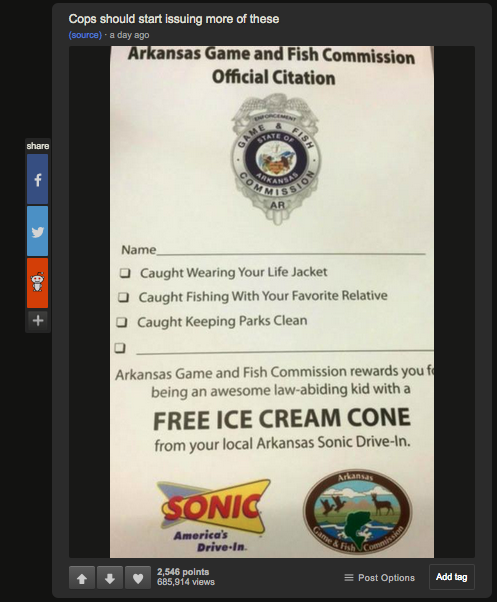 This screenshot shows an image posted on Imgur of a citation Arkansas Game and Fish Commission officers give to children they encounter on the water who are wearing their life jackets.