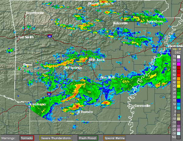 This National Weather Service radar graphic shows rain across the state about 3 p.m., as well as a severe thunderstorm warning and flash flood warning in eastern Arkansas.